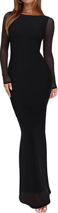 Women's Spring Mesh Sheer Long Sleeve Wedding Guest Dress Sexy Floral Bodycon Maxi Long Dresses